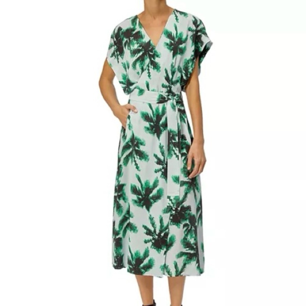 Equipment Green Bijou‎ Palm Print Midi Dress, 100% silk, belted, V-Neck Size 2